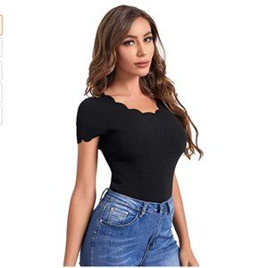 Scallop Scoop Neck Slim Fit Elegant Blouse Tops